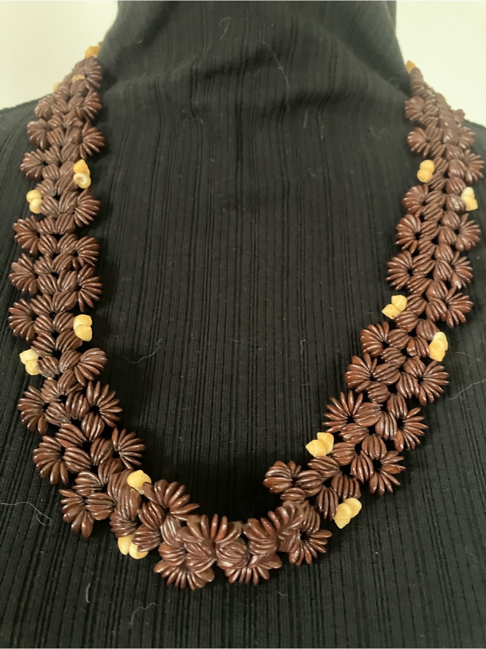 Brown Floral Seed Bead Necklace with Beige Accents